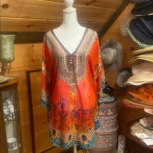 Elegant Orange and Blue Patterned hi-low Kaftan top